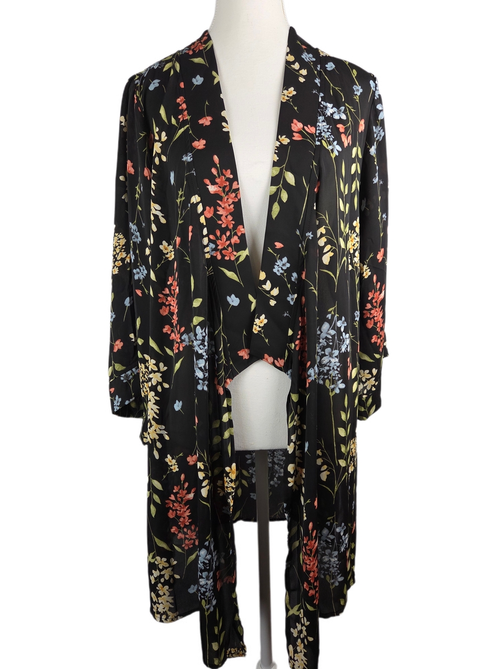 Tahari Black Floral Longline Kimono Duster Jacket